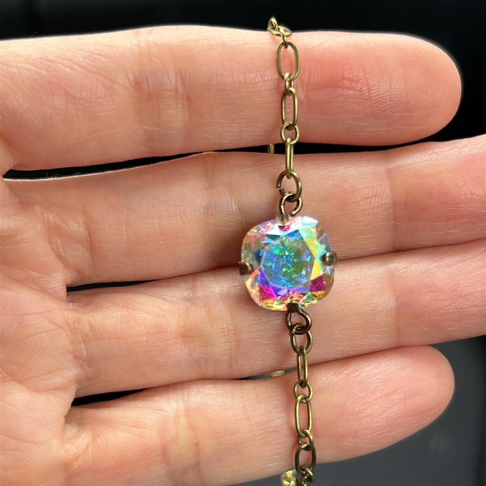 Aurora Borealis Cushion Cut Antique Brass Crystal Bracelet - Picture 9 of 11
